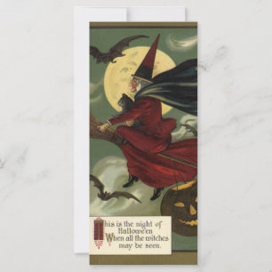 Vintage Halloween Witch Riding Broomstick med Kat