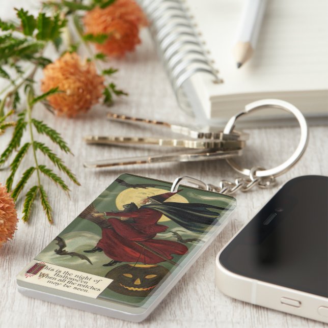 Vintage Halloween Witch Riding Broomstick med Kat (Högra Framsidan)