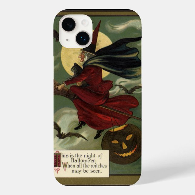 Vintage Halloween Witch Riding Broomstick med Kat (Baksida)