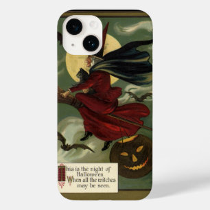 Vintage Halloween Witch Riding Broomstick med Kat