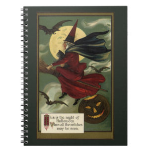 Vintage Halloween Witch Riding Broomstick med Kat Anteckningsbok Med Spiral