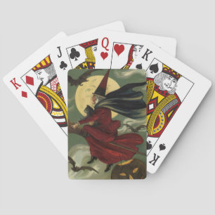 Vintage Halloween Witch Riding Broomstick med Kat Casinokort