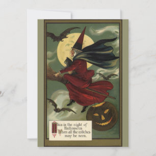 Vintage Halloween Witch Riding Broomstick med Kat Inbjudningar