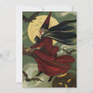 Vintage Halloween Witch Riding Broomstick med Kat Inbjudningar
