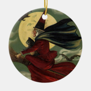 Vintage Halloween Witch Riding Broomstick med Kat Julgransprydnad Keramik