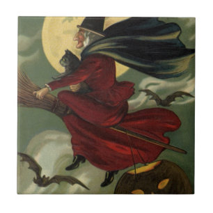 Vintage Halloween Witch Riding Broomstick med Kat Kakelplatta