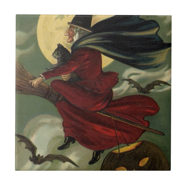 Vintage Halloween Witch Riding Broomstick med Kat Kakelplatta (Framsidan)