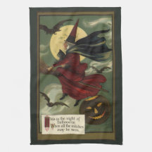 Vintage Halloween Witch Riding Broomstick med Kat