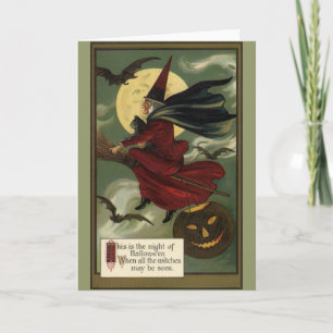 Vintage Halloween Witch Riding Broomstick med Kat Kort