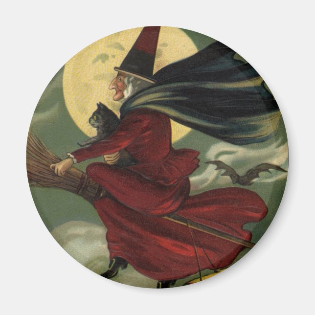 Vintage Halloween Witch Riding Broomstick med Kat Magnet (Framsidan)