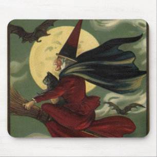 Vintage Halloween Witch Riding Broomstick med Kat Musmatta