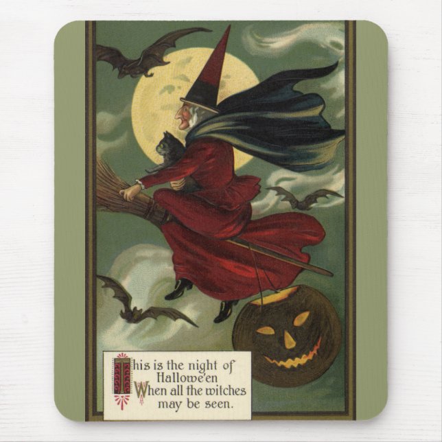 Vintage Halloween Witch Riding Broomstick med Kat Musmatta (Framsidan)