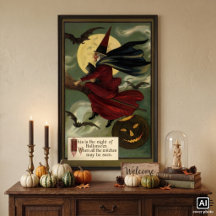 Vintage Halloween Witch Riding Broomstick med Kat