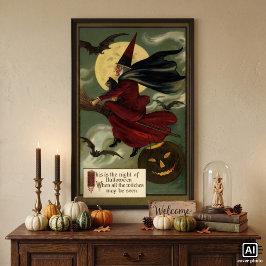 Vintage Halloween Witch Riding Broomstick med Kat Poster