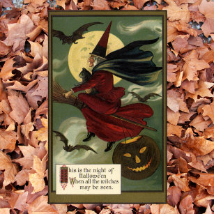Vintage Halloween Witch Riding Broomstick med Kat Poster