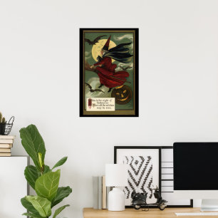 Vintage Halloween Witch Riding Broomstick med Kat Poster