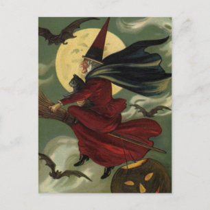 Vintage Halloween Witch Riding Broomstick med Kat Vykort