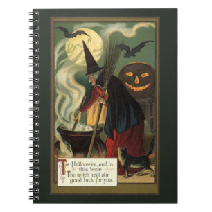 Vintage Halloween Witch Stirring Magic Cauldron Anteckningsbok Med Spiral