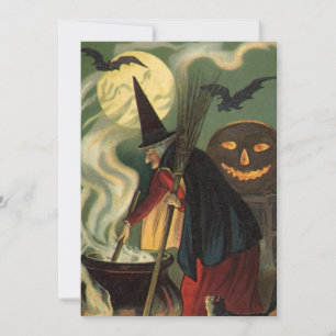 Vintage Halloween Witch Stirring Magic Cauldron Inbjudningar