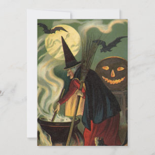 Vintage Halloween Witch Stirring Magic Cauldron Inbjudningar