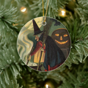 Vintage Halloween Witch Stirring Magic Cauldron Julgransprydnad Keramik
