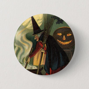 Vintage Halloween Witch Stirring Magic Cauldron Knapp