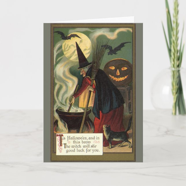 Vintage Halloween Witch Stirring Magic Cauldron Kort (Framsida)