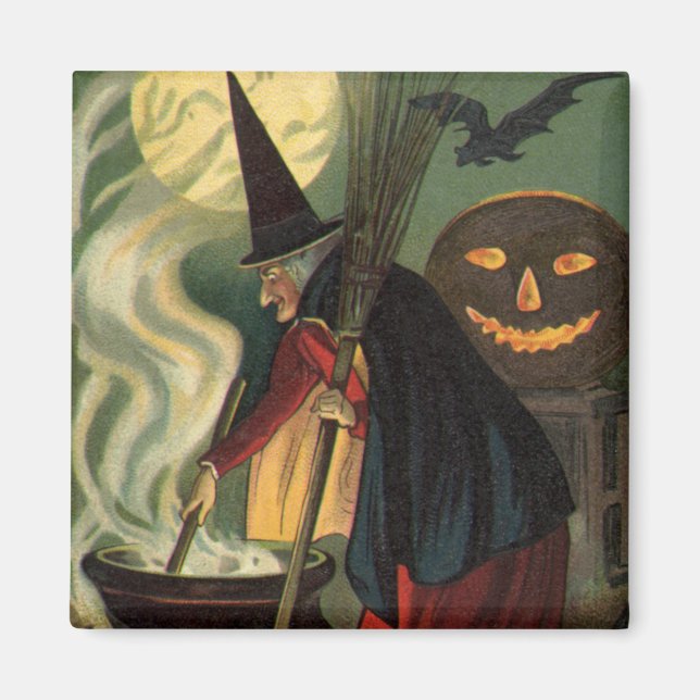 Vintage Halloween Witch Stirring Magic Cauldron Magnet (Framsidan)