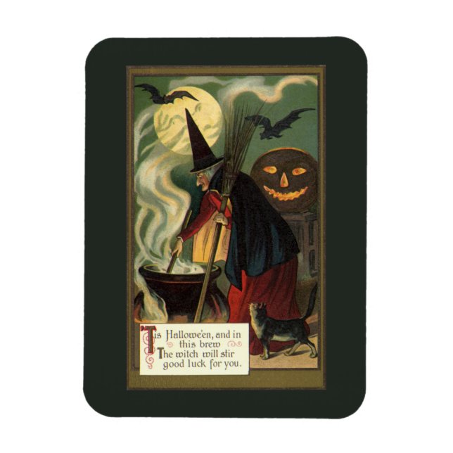 Vintage Halloween Witch Stirring Magic Cauldron Magnet (Vertikal)