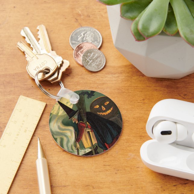 Vintage Halloween Witch Stirring Magic Cauldron Nyckelring (Skrivbord)