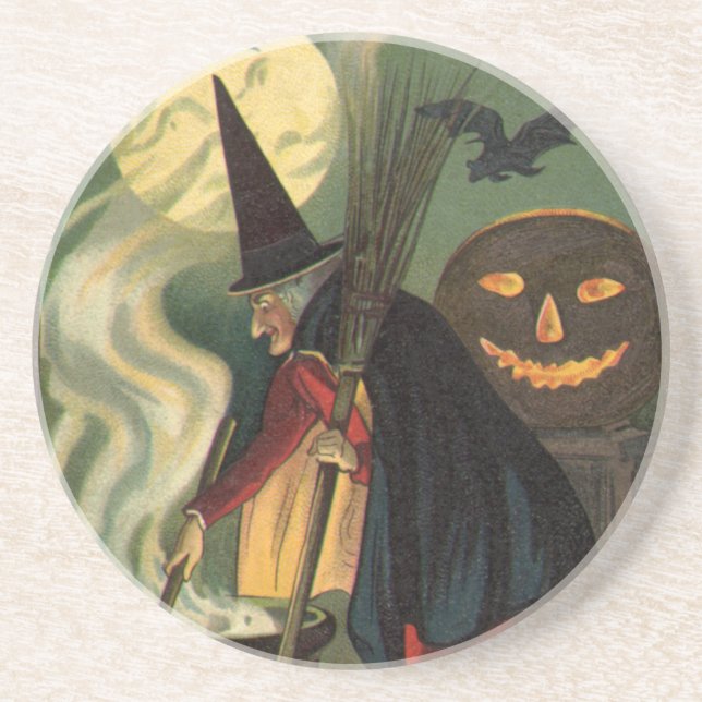 Vintage Halloween Witch Stirring Magic Cauldron Underlägg Sandsten (Framsidan)