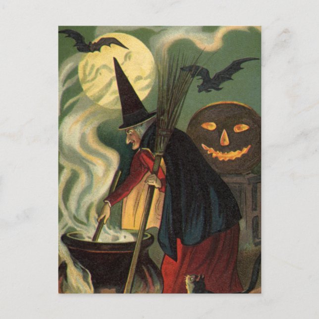 Vintage Halloween Witch Stirring Magic Cauldron Vykort (Framsida)