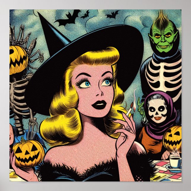 Vintage Halloween Witch-Tecknader Poster (Framsidan)
