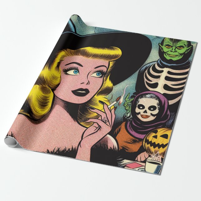 Vintage Halloween Witch-Tecknader Presentpapper (Utrullad)