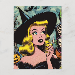 Vintage Halloween Witch-Tecknader Vykort