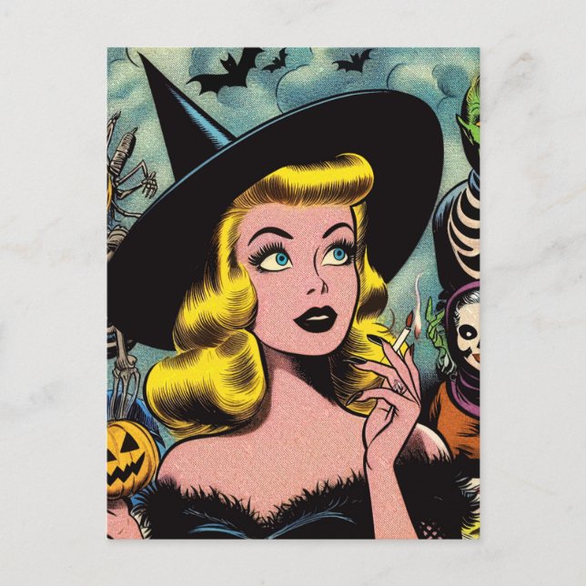 Vintage Halloween Witch-Tecknader Vykort (Framsida)