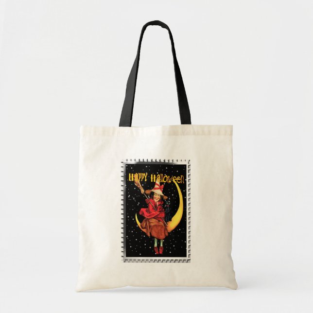 Vintage Halloween Witch Tote Bag Tygkasse (Framsidan)