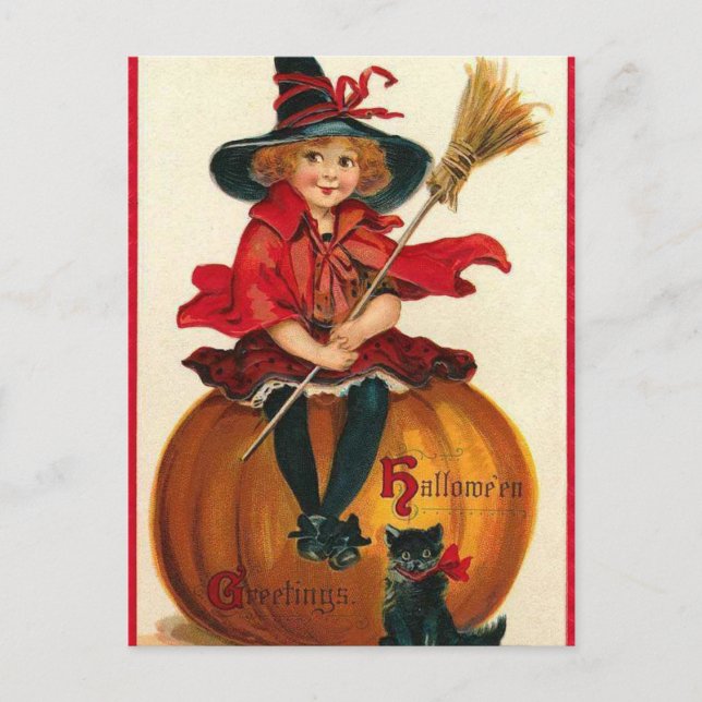 Vintage Halloween Witch Vykort (Framsida)