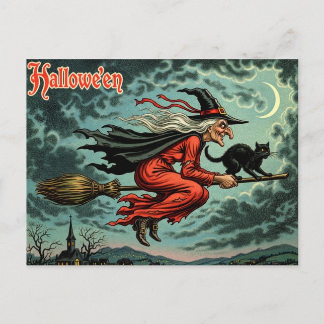 Vintage Halloween Witch Vykort (Framsida)