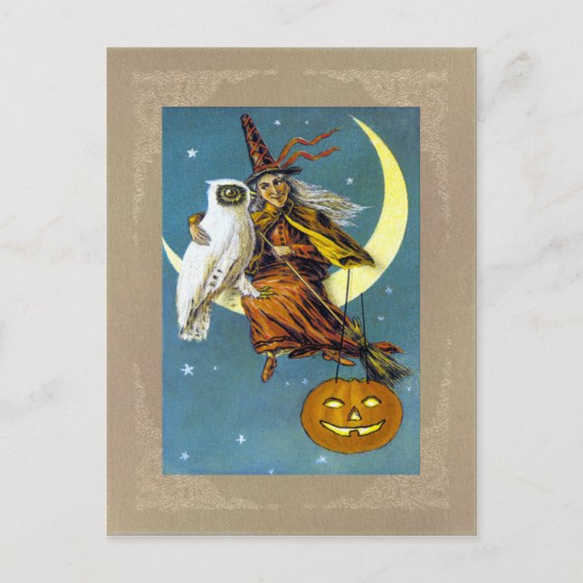 Vintage Halloween Witch Vykort (Framsida)
