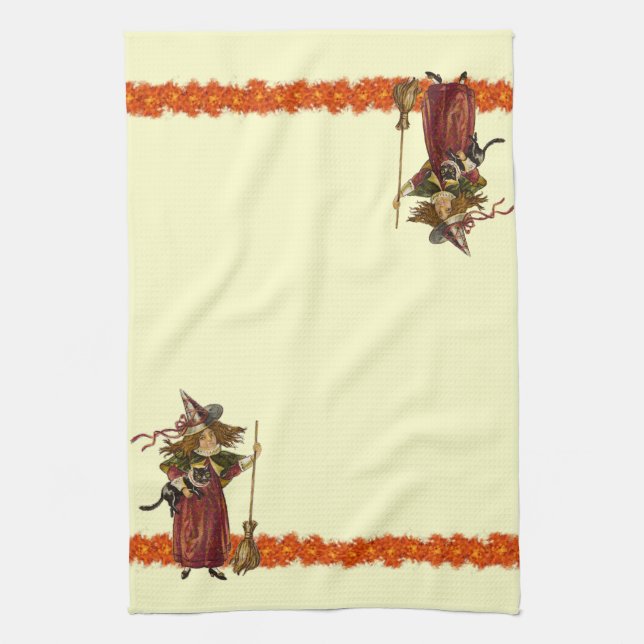 Vintage Halloween Witch w Cat Towels Kökshandduk (Vertikal)