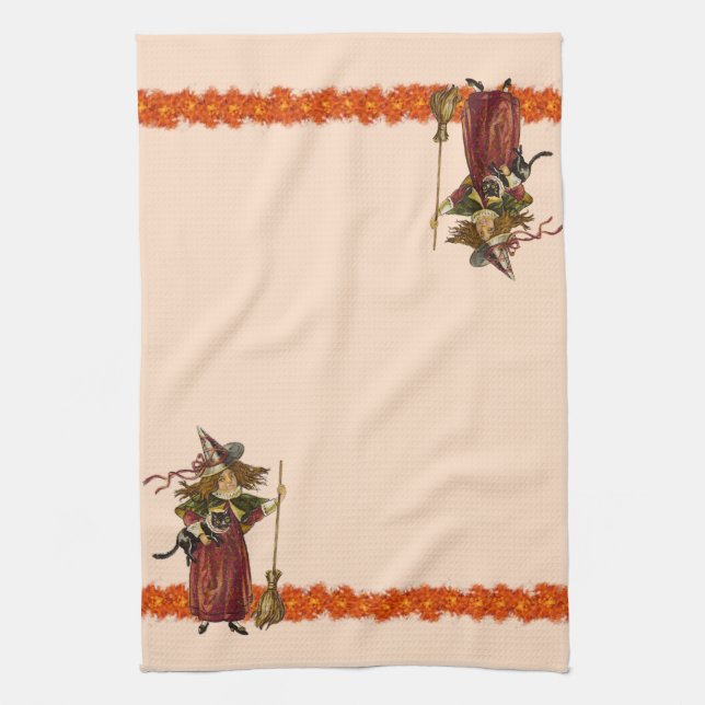 Vintage Halloween Witch w Cat Towels Kökshandduk (Vertikal)
