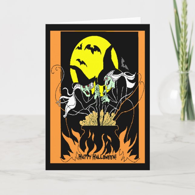 Vintage Halloween Witches Cauldron Card Kort (Framsida)