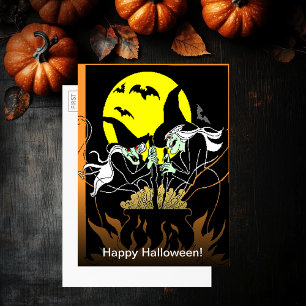 Vintage Halloween Witches Cauldron Large Postcard Inbjudningar