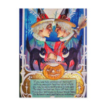 Vintage Halloween witches svarta katter vykort
