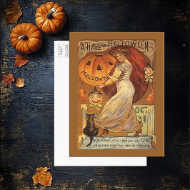 Vintage Halloween Woman Pumpkin Black Cat Vykort