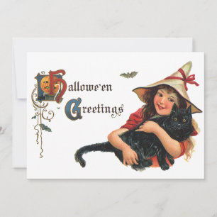 Vintage Halloweenhälsningar, Barnhäxa med katt Inbjudningar