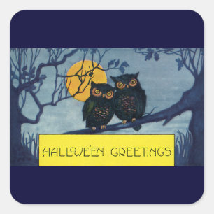 Vintage Halloweenhälsningar, Ugglor i träd med mån Fyrkantigt Klistermärke