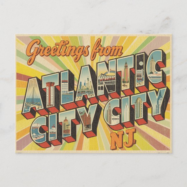Vintage ’Hälsning från Atlantic City, NJ’ Vykort (Framsida)