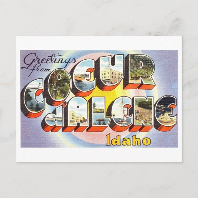 Vintage Hälsning från Coeur d'Alene, Idaho. Vykort (Framsida)